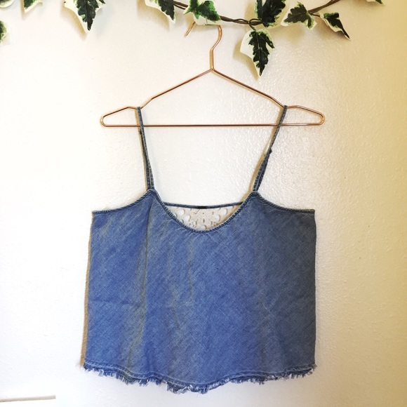 Free People Denim Crochet Crop Tank Top - Picture 1 of 7